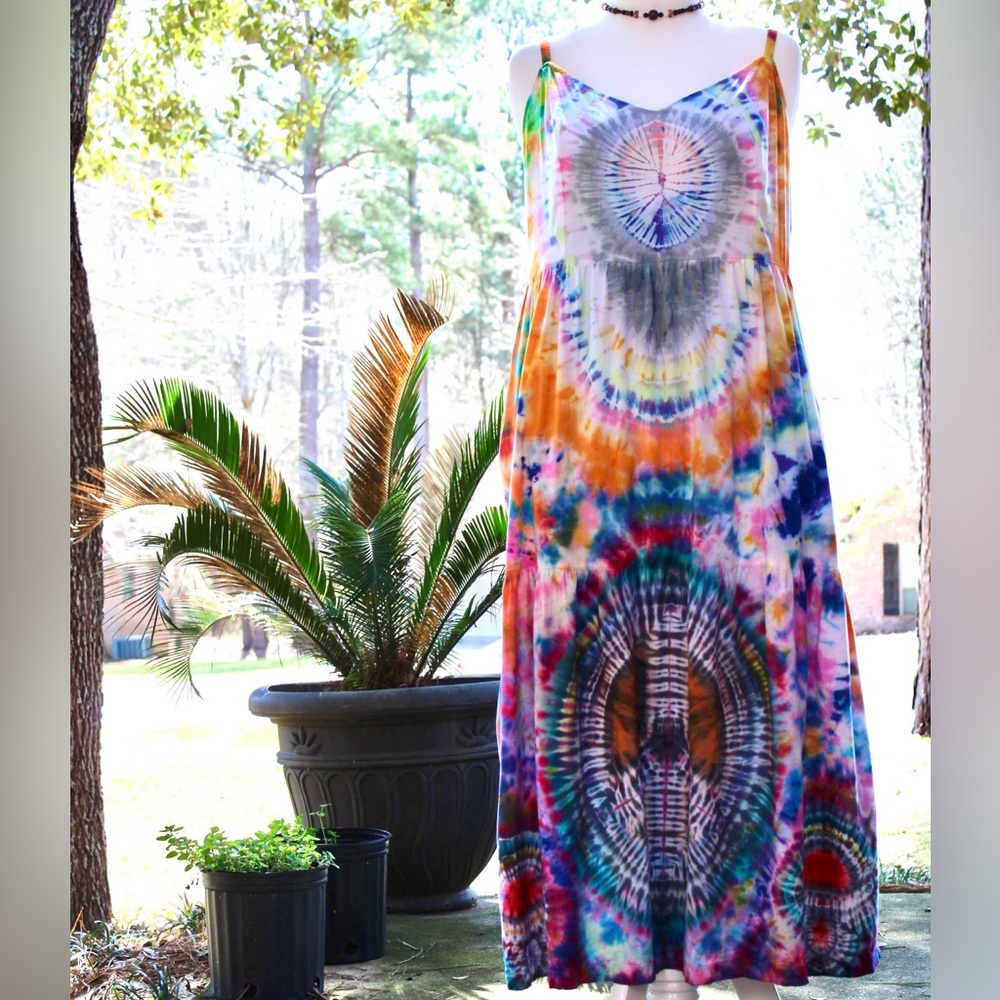Old Navy size L Cami dress tie dye hand dyed “stealies ,shrooms and peace sign”